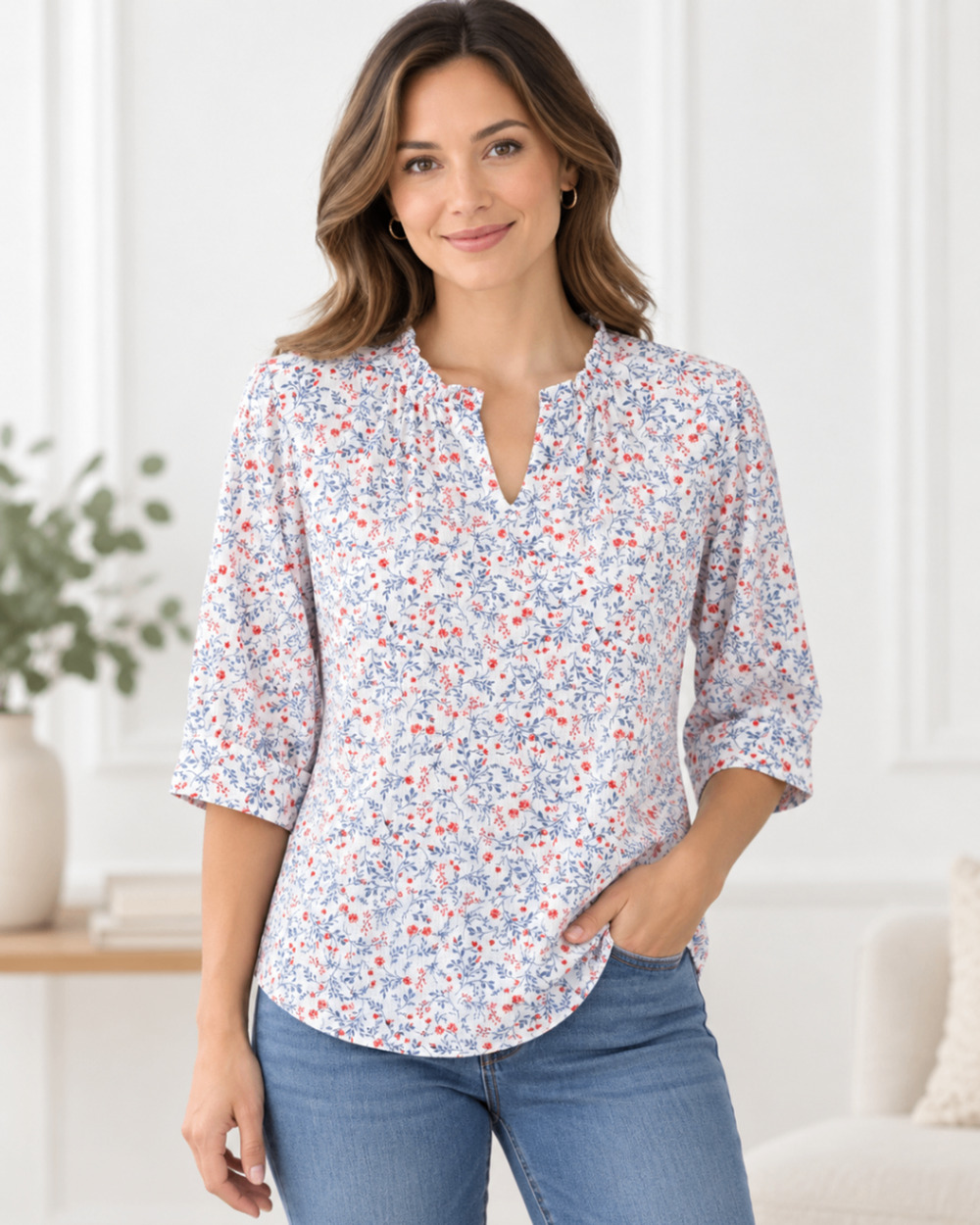Emily Daniels Petite Medium Floral Blouse Blue Red Ditsy Print Split Neck NWT